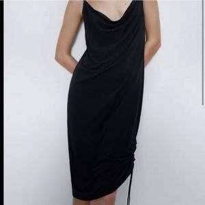 Zara Black Cowl Neck Ruched Side Slip Midi Dress
